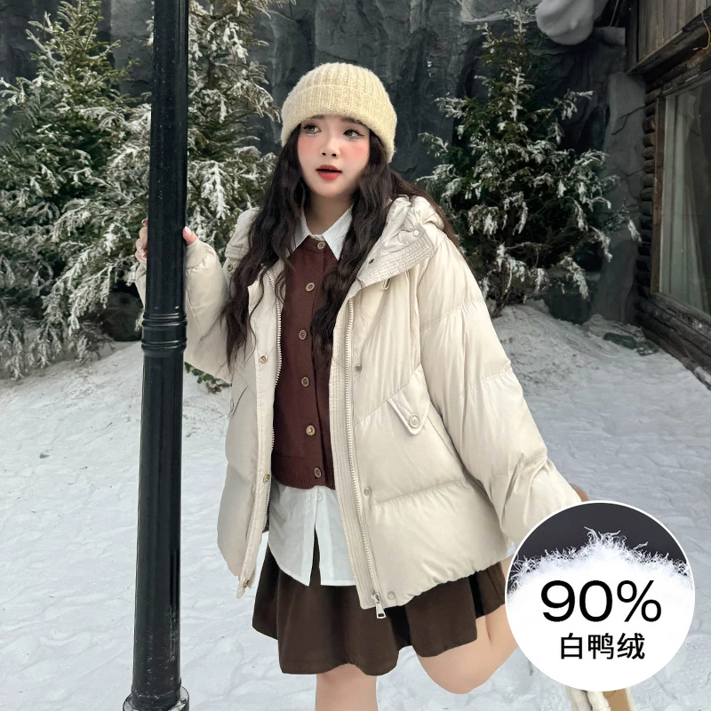 CD6062大码女装【甜酷面包服】肌理感90白鸭绒连帽保暖羽绒服外套