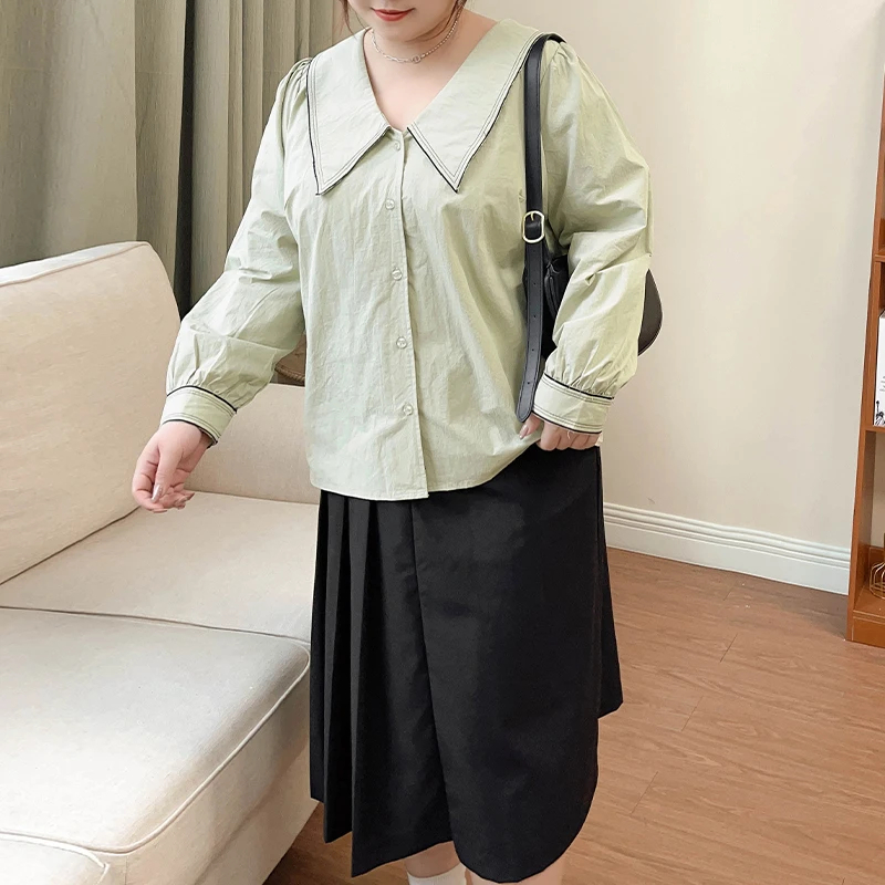 A1259【秋日闺蜜出游】娃娃领小香风衬衫+百褶半身裙大码胖mm两件套