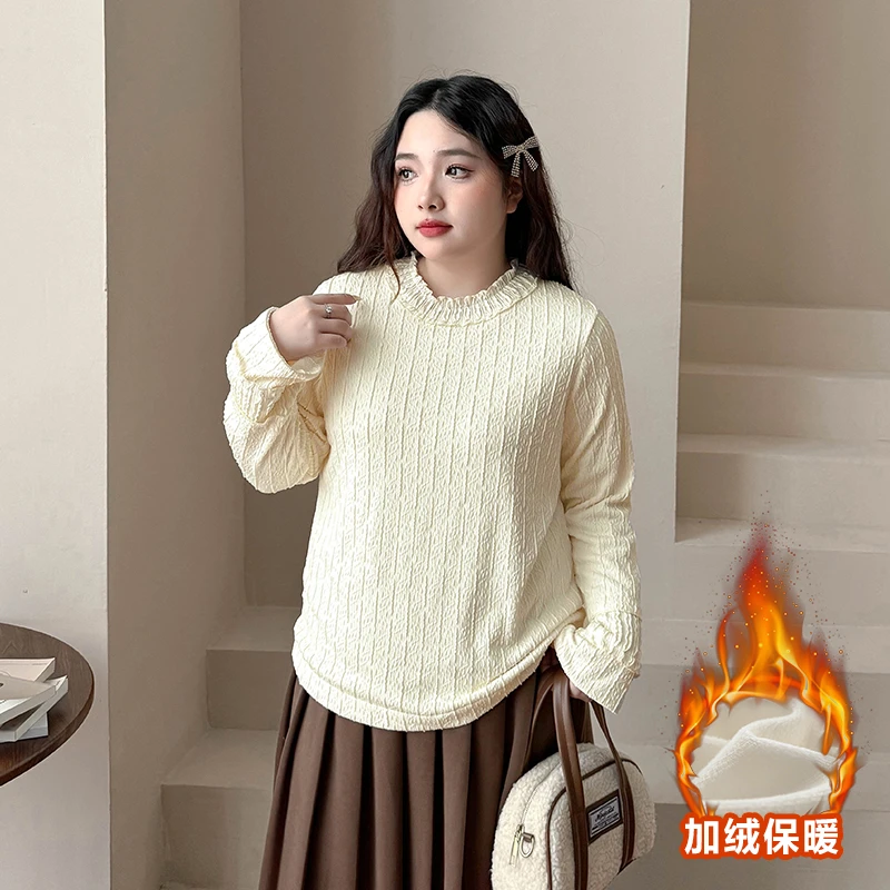 CD6650大码女装【甜美肌理小衫】木耳边立领打底衫加绒喇叭长袖t恤