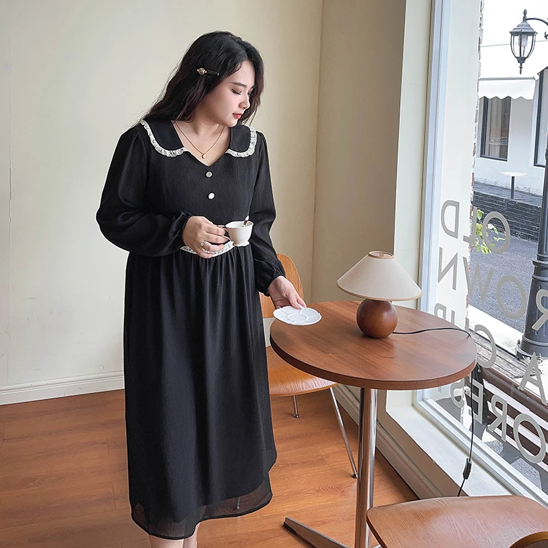 CC6100大码女装【气质小黑裙】法式娃娃领早秋穿搭显瘦长袖连衣裙子