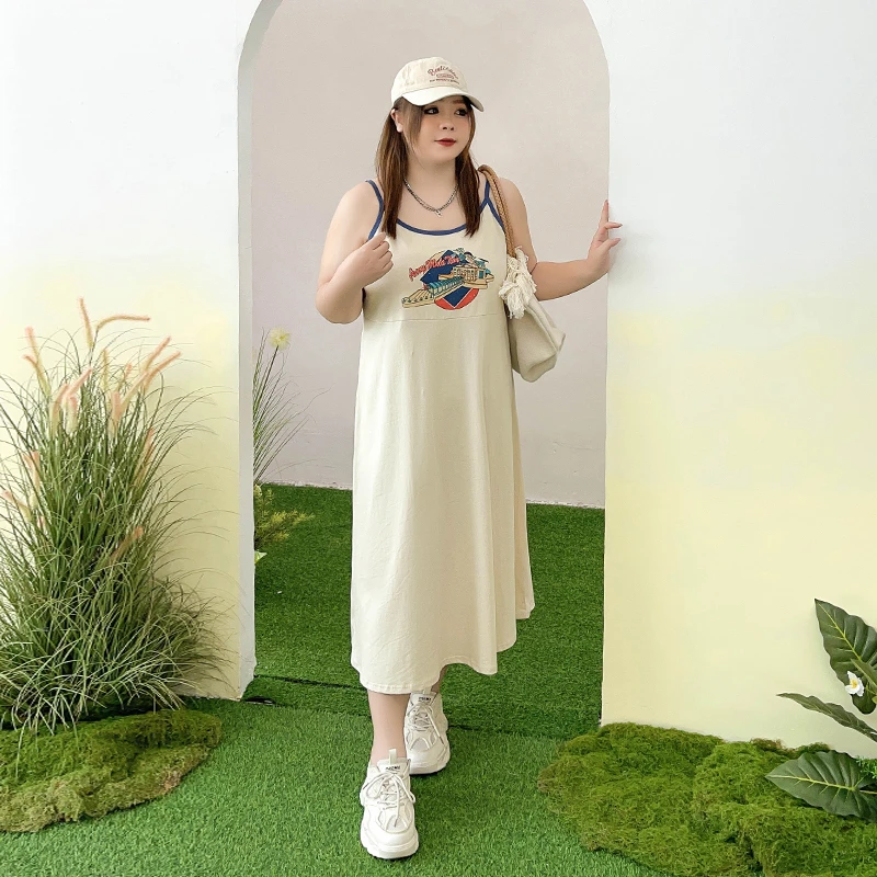 CX5840【夏日港风吊带裙】胖mm卡通印花高腰连衣裙遮肚显瘦气质长裙