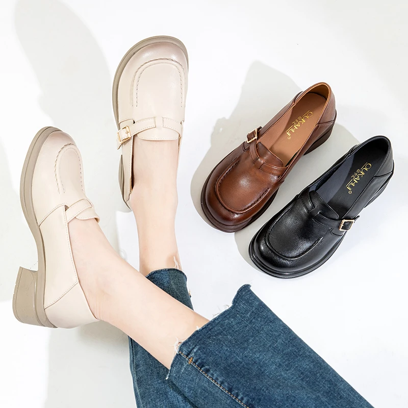5612百搭真皮软底复古单鞋春季粗跟英伦风软底软面厚底乐福鞋女款