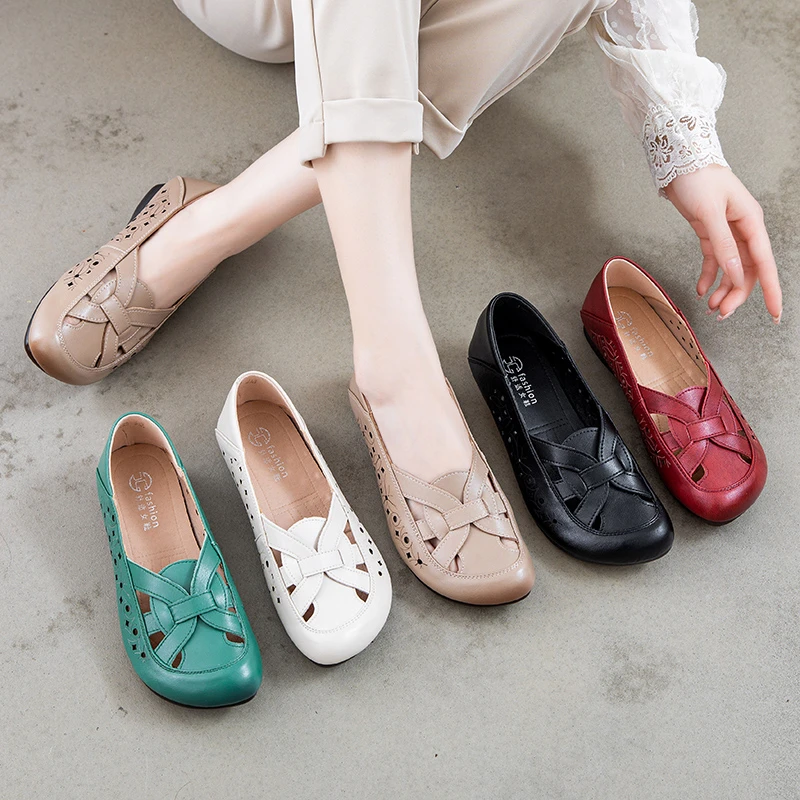 9582复古透气防滑耐磨舒适牛筋底妈妈鞋牛皮洞洞鞋民族风单鞋夏季