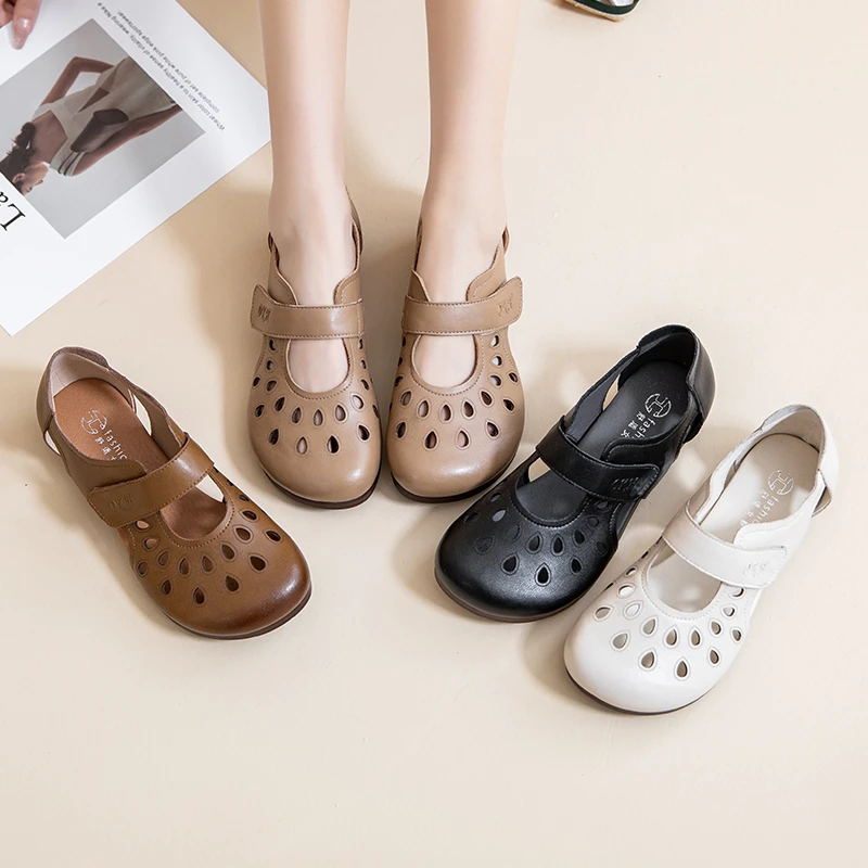 9701夏季新款凉鞋新中式妈妈鞋软底舒适百搭平底女鞋浅口洞洞鞋