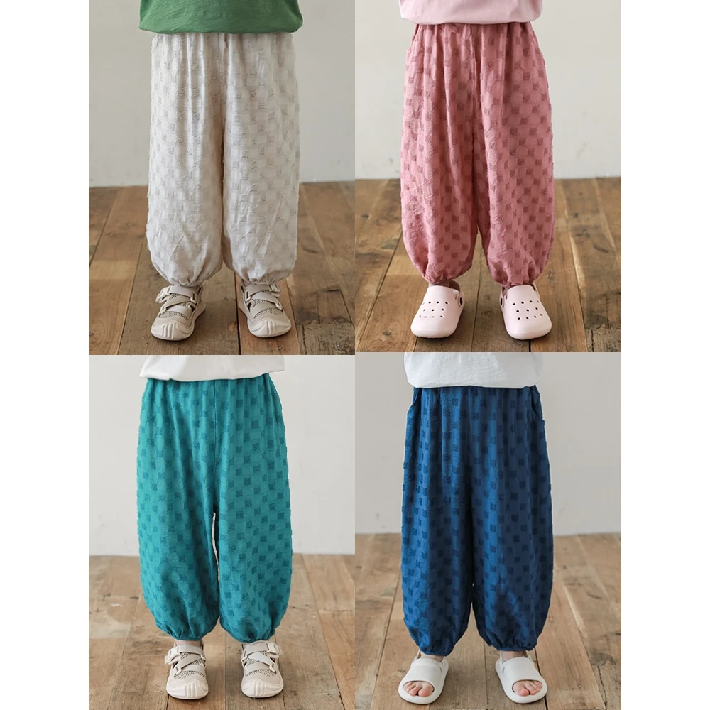 【夏二波男童】夏季麻棉感 不闷汗 方格提花 脚口包边防蚊裤N4836