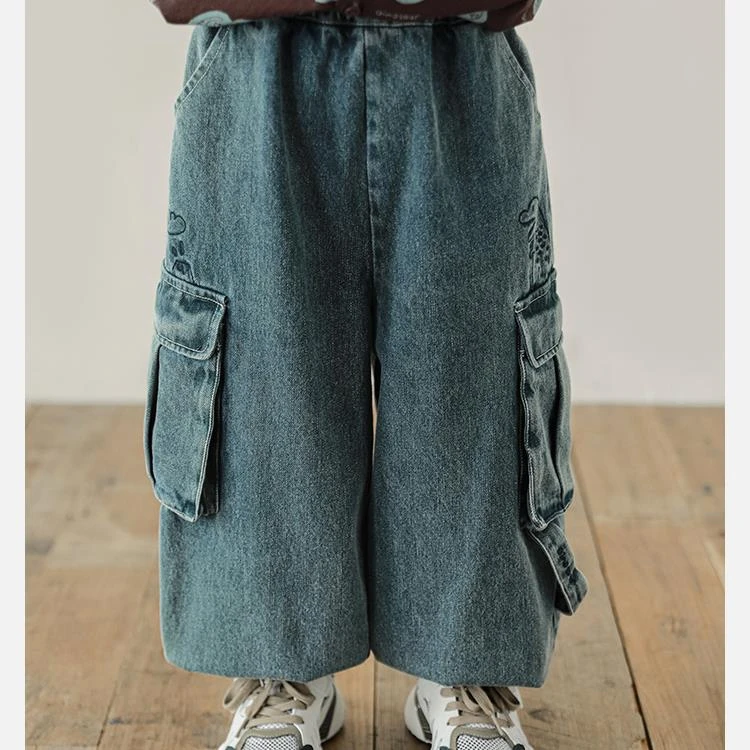 【秋三波男童】原创图案 软感牛仔 史前萌兽恐龙外套裤子 N5347