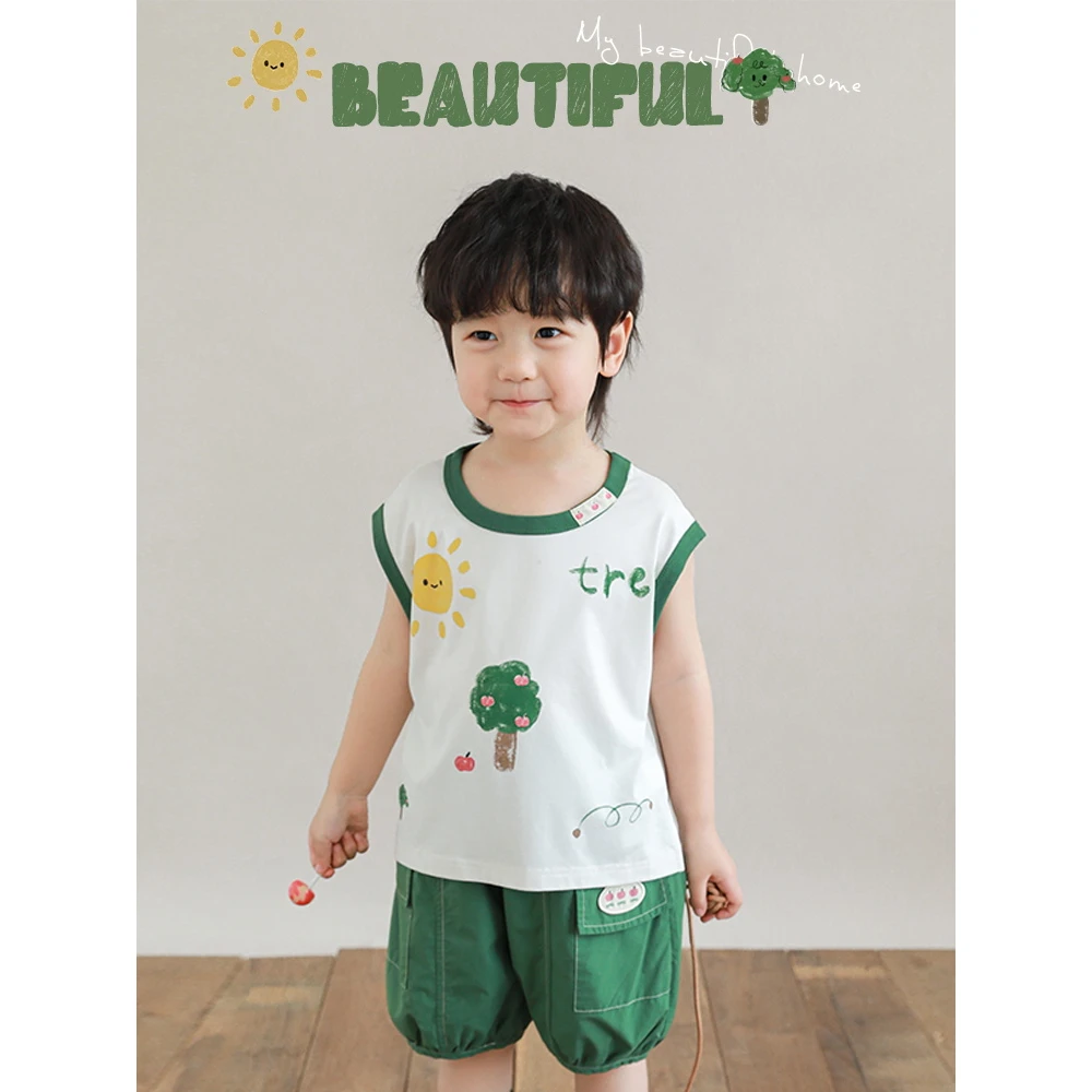 幼悠男童休闲背心夏季薄款儿童洋气小树印花上衣宝宝外穿LN0074