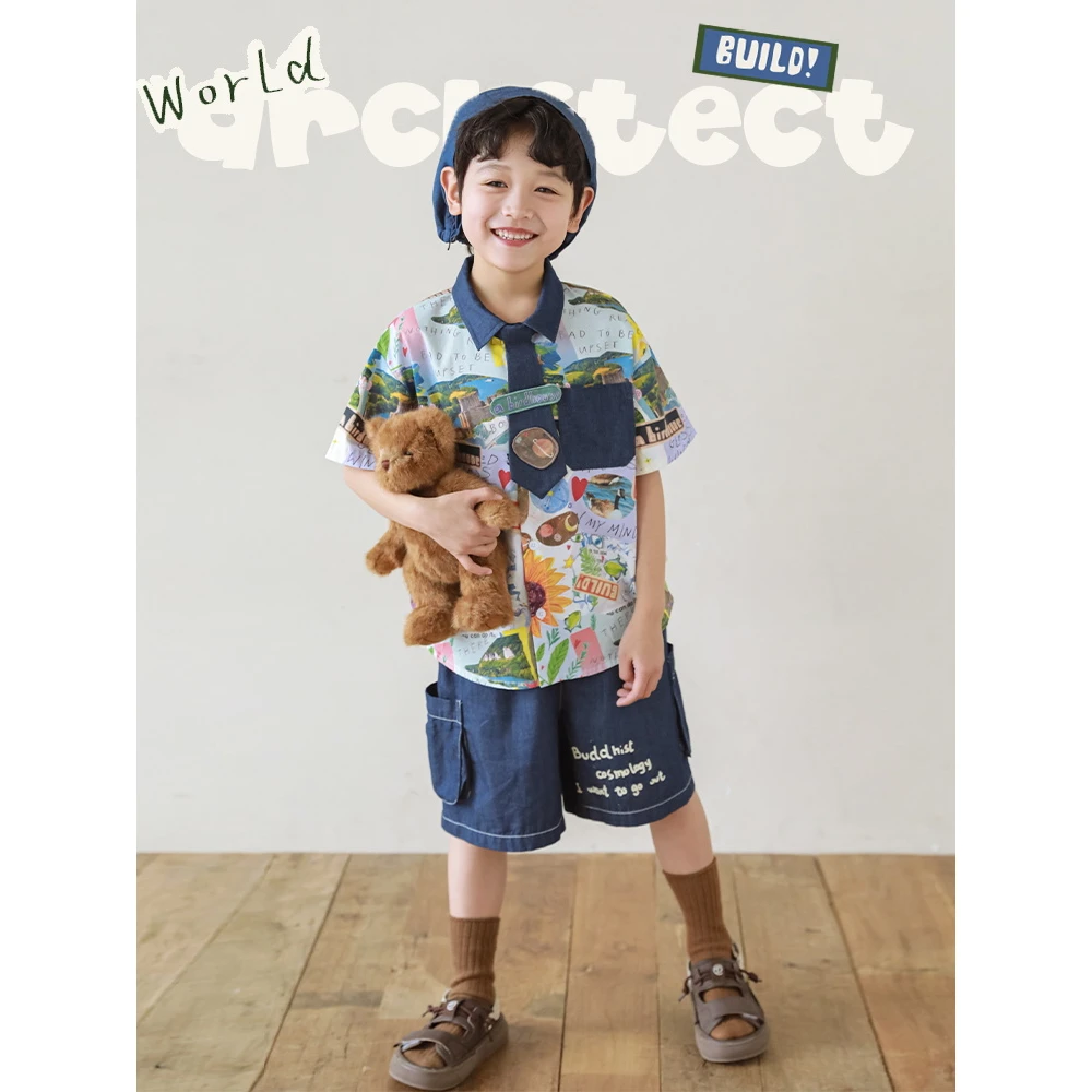 【夏二波男童】夏季定制绣花标  数码印花 拼色可拆领复古童装N4811