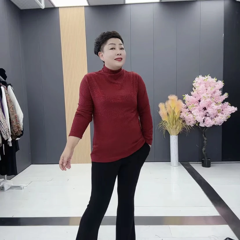 2829秋季新款时尚洋气重工磨绒半高领玫瑰提花长袖打底衫气质显瘦