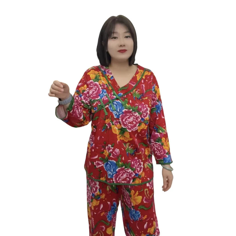 东北大花盘扣上衣民族风宽松家居服套装八分袖