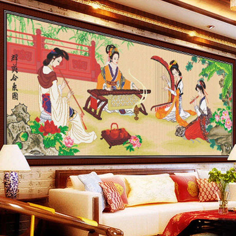 群英合乐图十字绣2023新款线绣中国风客厅古风美女手工满绣自己绣