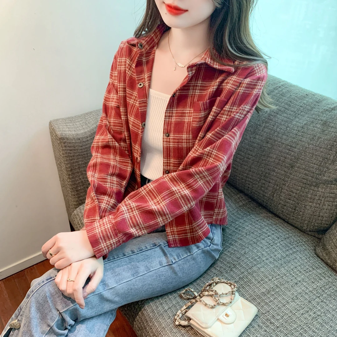 复古磨毛格子衬衫外套女2025小个子春秋冬POLO领长袖短款加绒衬衣