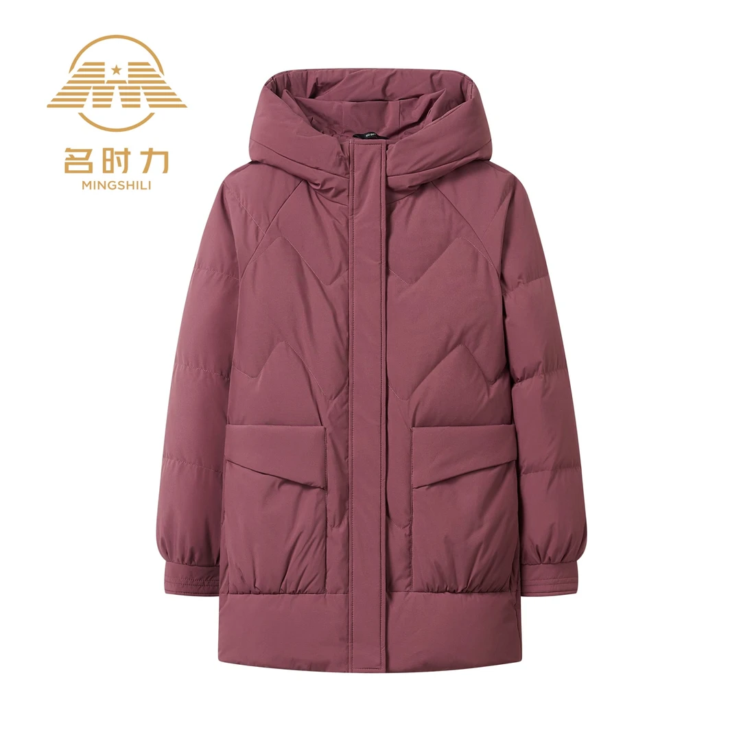 名时力冬季时尚优雅中长款连帽90白鸭绒保暖羽绒服女 K9228-XG