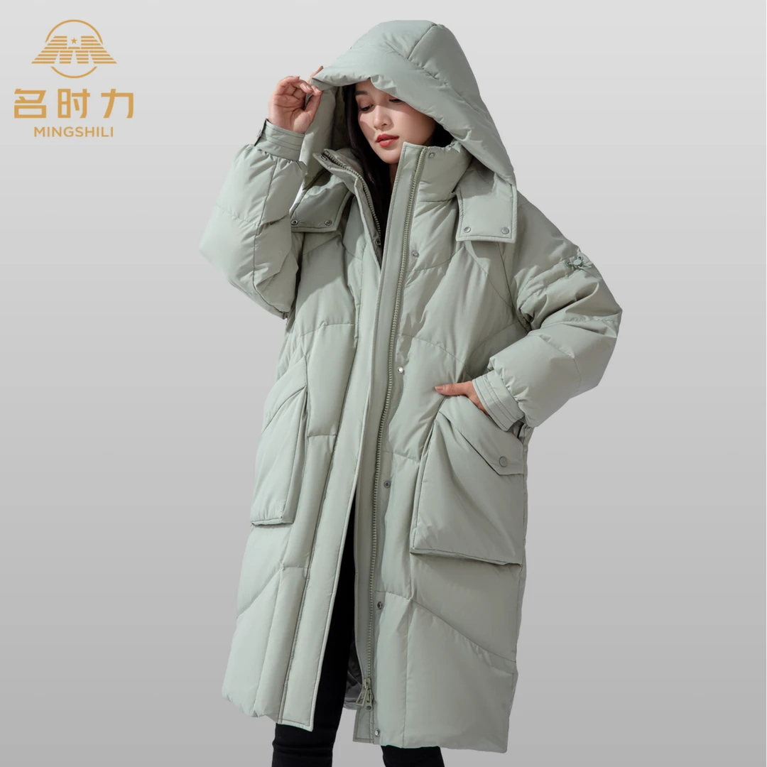 冬季新品【时尚百搭大口袋加厚保暖连帽】长款外套羽绒服 77086