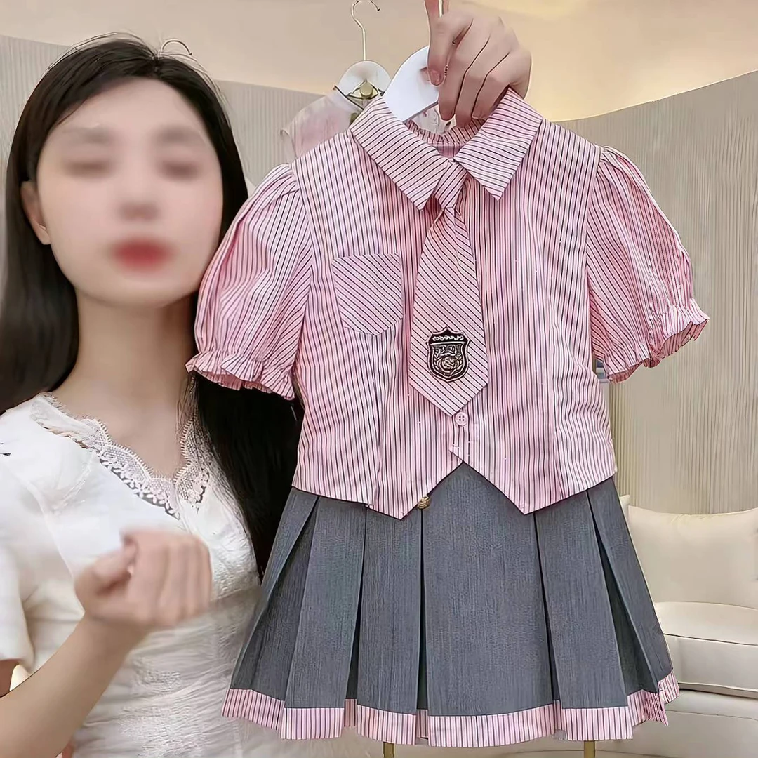 女童短袖衬衫jk短裙夏装2025新款爆款6-12岁女孩学院风百褶裙套装
