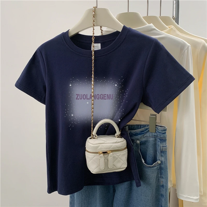 正肩短袖t恤女装夏季新款韩版时尚小众休闲百搭洋气印花圆领上衣