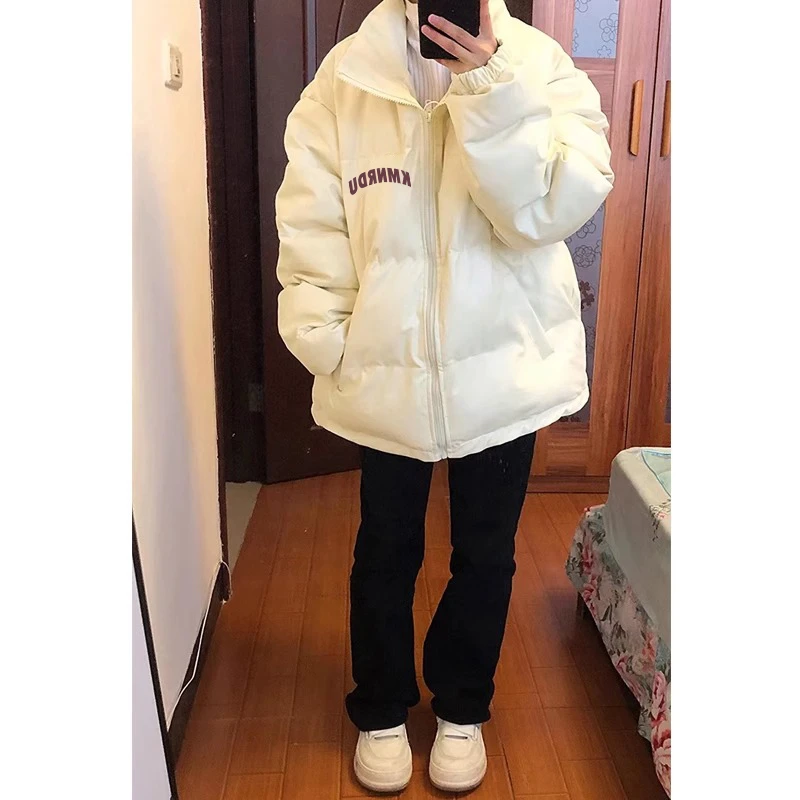 潮牌棉服外套女冬季加厚保暖棉衣外套美式复古字母印花立领面包服