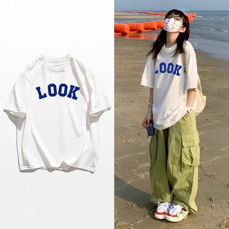 纯棉百搭字母印花上衣短袖T恤女夏新款宽松休闲时尚学生半袖上衣