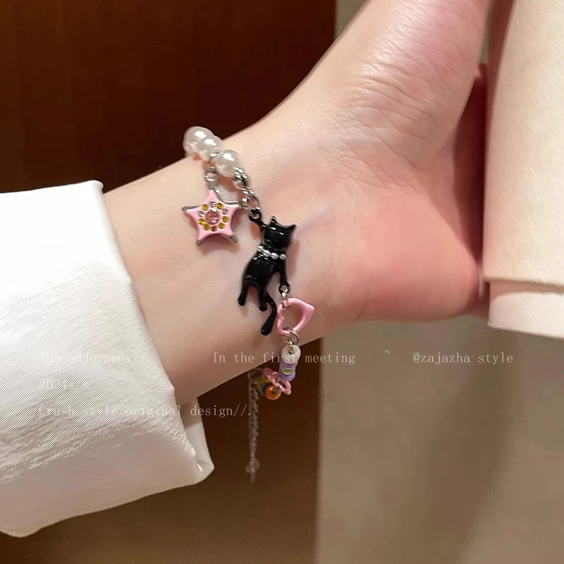 铜合金手链 黑猫珍珠星星手链女甜酷y2k辣妹百搭夏天手串精致手饰