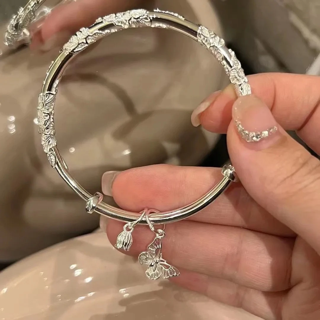 合金手镯 繁花似锦银色手镯女花蕊蝴蝶手饰小众设计送女友送闺蜜