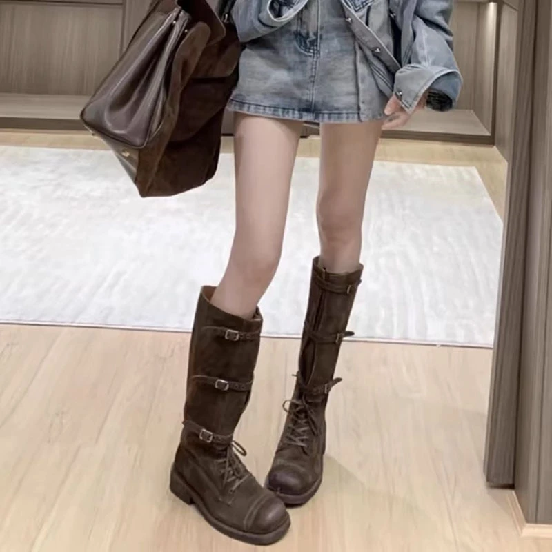 miu皮带扣骑士靴磨砂绒面2025女秋冬新款复古擦色美拉德高筒长靴