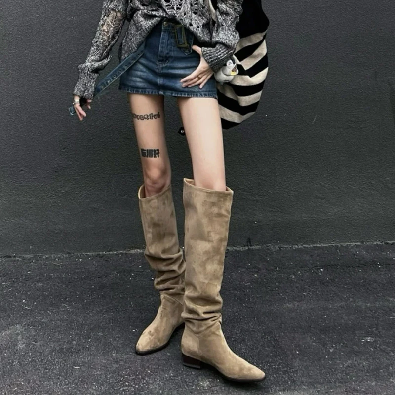 时尚堆堆靴女西部牛仔靴2024年四季款复古大筒围复古粗跟骑士靴