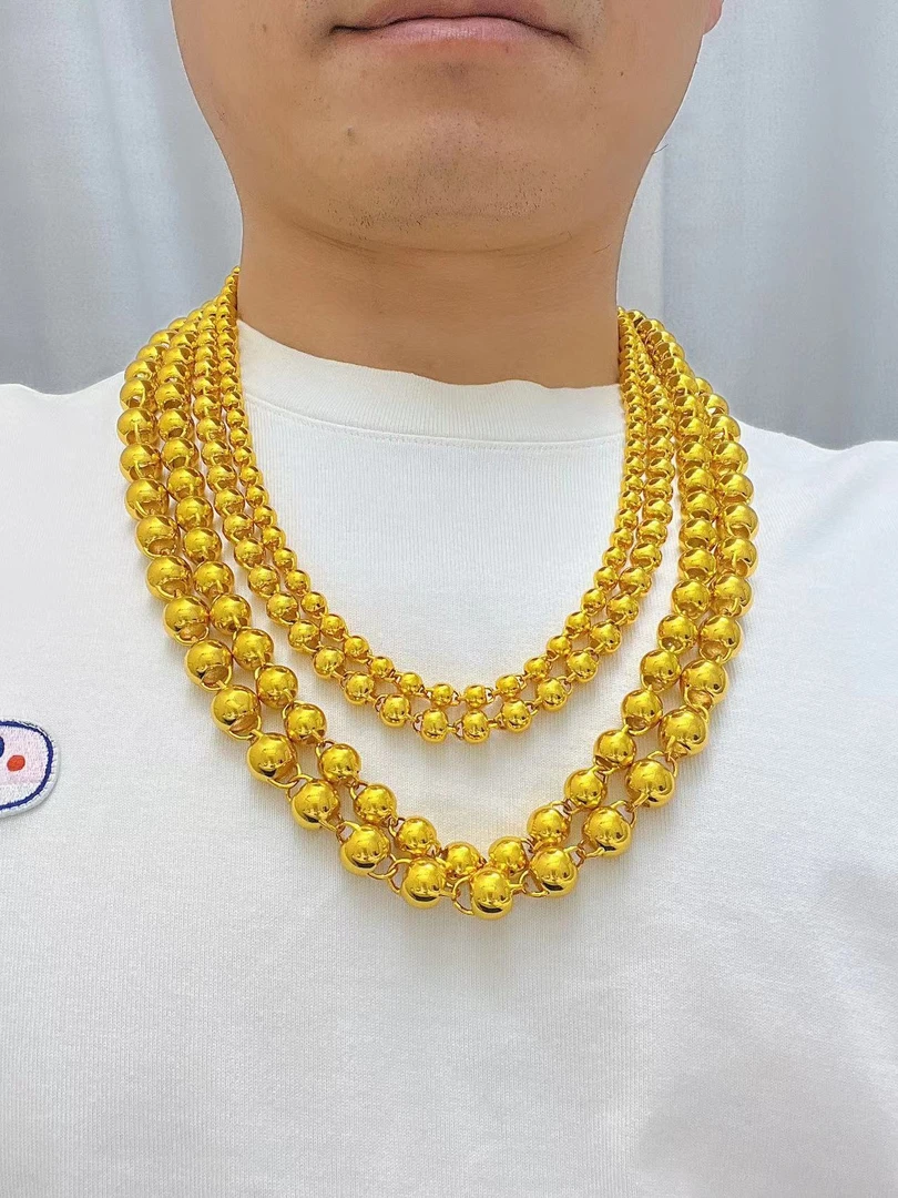 合金项链 精品圆珠金色妈妈男款项链男士时尚潮流空心光面饰品