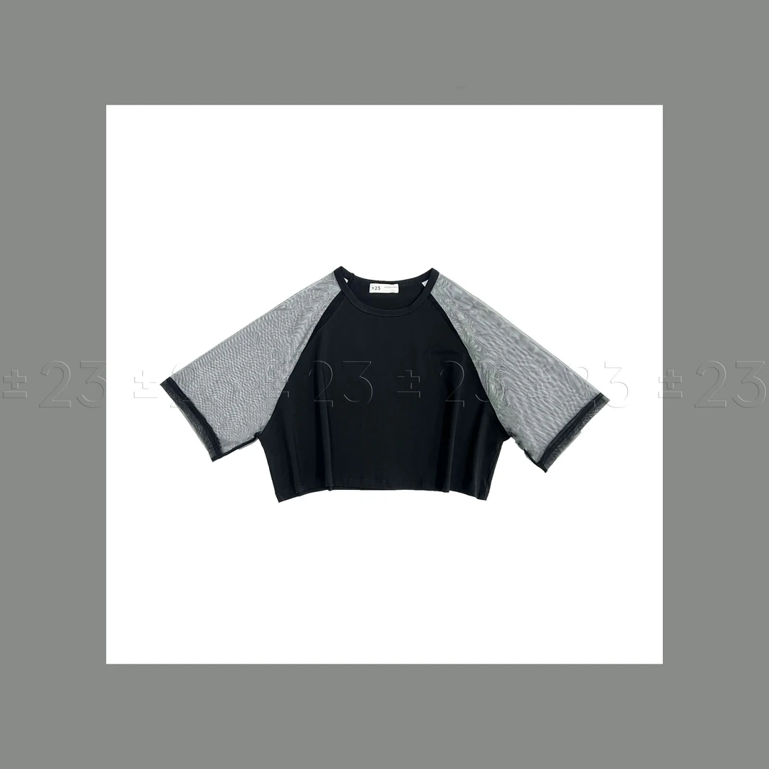 Kenny‘s ±23【反季超级大促墨】SS24016黑色拼网纱七分袖T恤