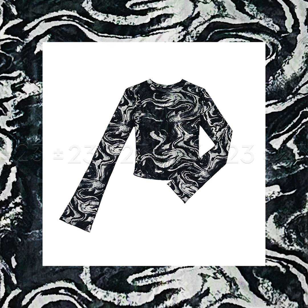 Kenny‘s ±23【黑白画映】SS25001黑色涂鸦网纱透气圆领短款长袖