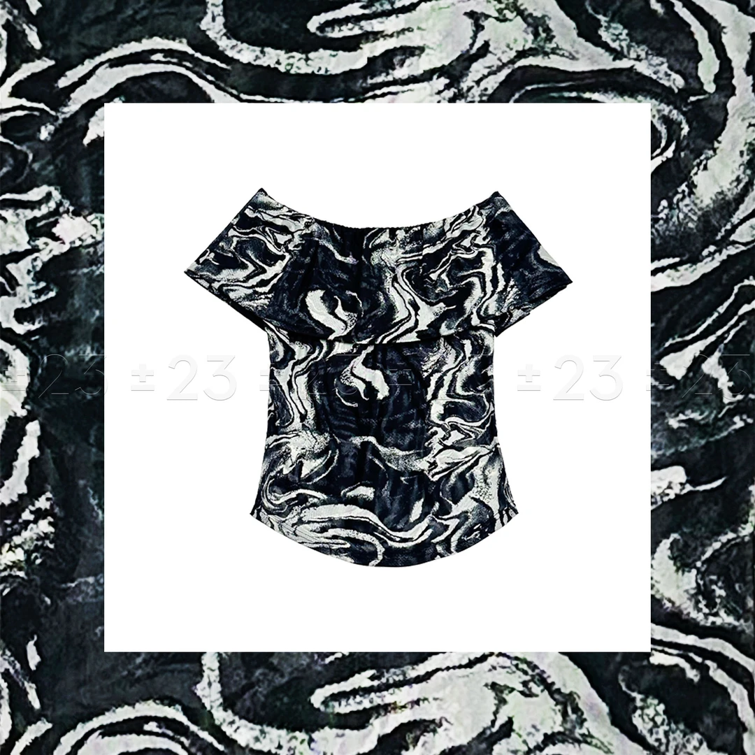 Kenny‘s ±23【双12忆江南】SS24089黑色涂鸦网纱一字肩俩穿短款T恤