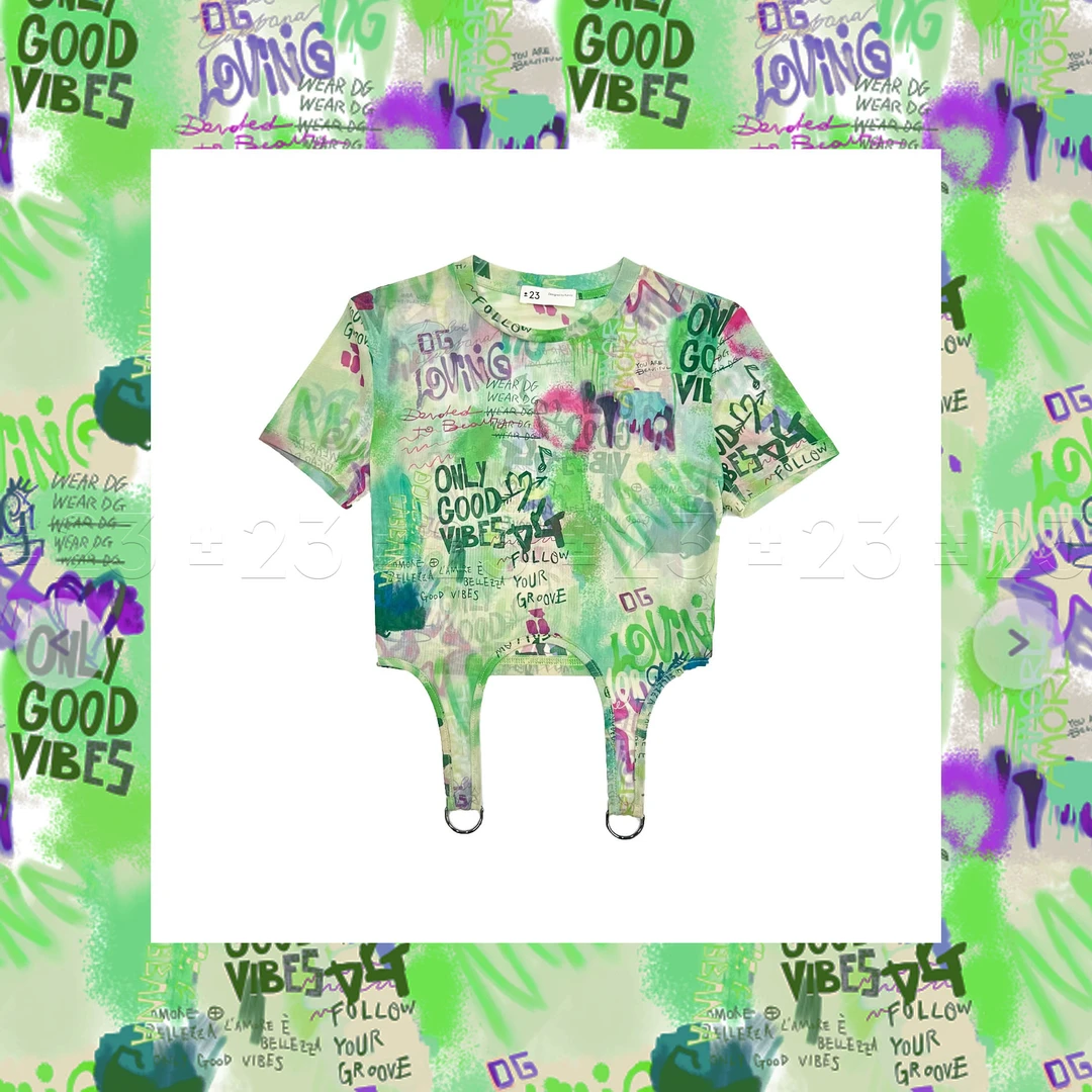 Kenny‘s ±23【反季超级大促彩绘】SS24012绿色涂鸦网纱短款圆领T恤