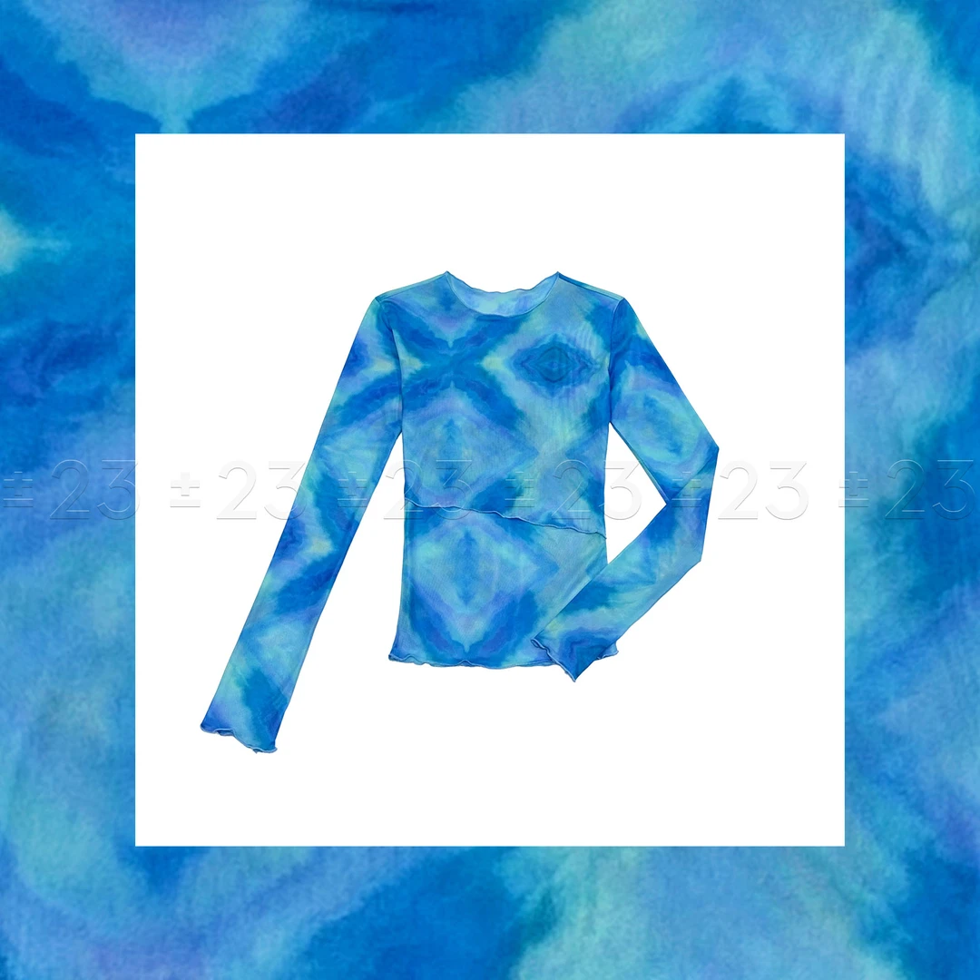 Kenny‘s ±23【蔚蓝海岸】SS24087蓝色涂鸦木耳边假俩件网纱长袖