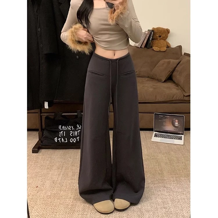 设计感抽绳休闲裤阔腿裤女秋季高腰垂感直筒裤灰色裤子长裤拖地裤