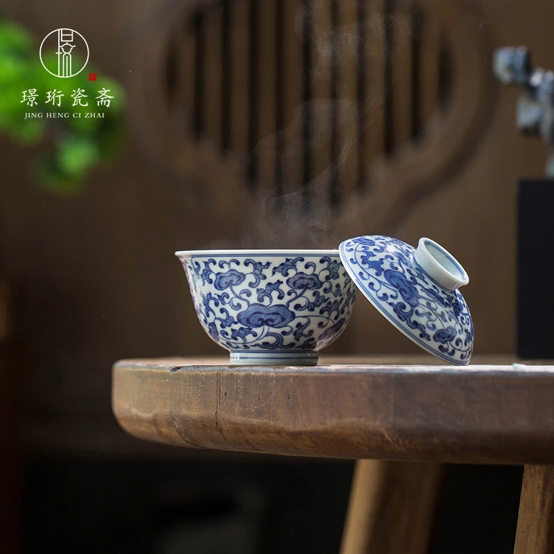 缠枝莲八宝盖碗壶承景德镇纯手工青花陶瓷手绘泡茶单个不烫手大号