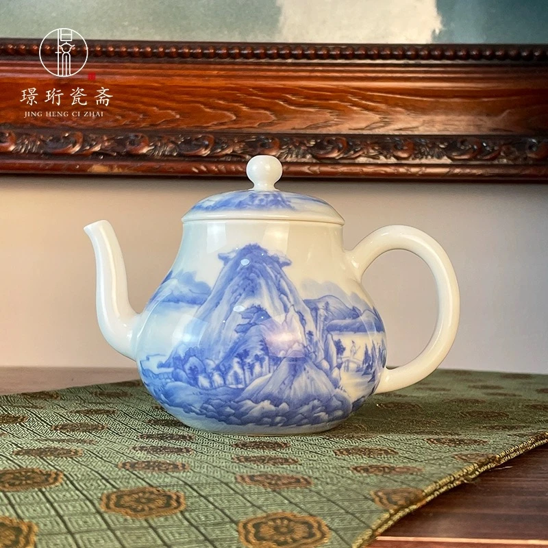 微瑕  富春山居图青花山水茶壶 梨形壶200cc