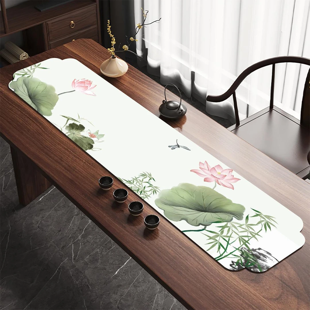 新中式荷花茶席桌旗国风禅意长条茶桌布茶台防水耐用干泡茶杯垫子