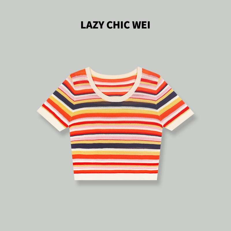 LAZY CHIC WEI 彩虹条纹T 夏季百搭新款条纹针织 ZFQ5071