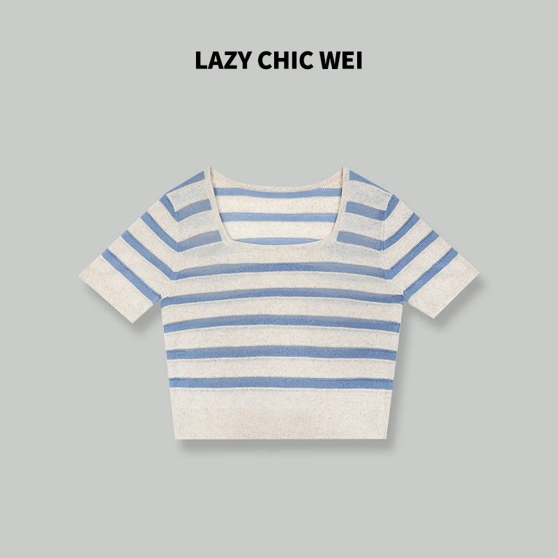 LAZY CHIC WEI  方领海洋条纹T恤 夏季时尚新款百搭T ZFQ5090