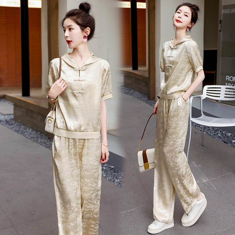 新中式国风休闲套装女2024夏季新款复古宽松运动提花阔腿裤两件套