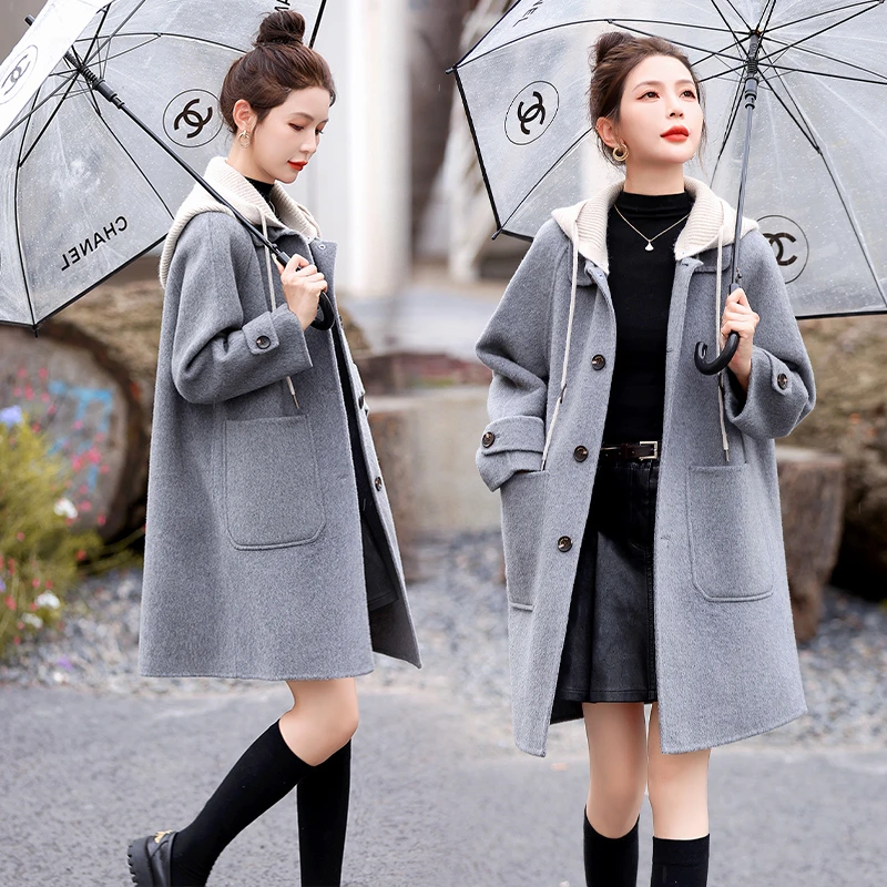 2024秋冬小个子休闲连帽舒适休闲大衣女中长款爆款高级感毛呢外套