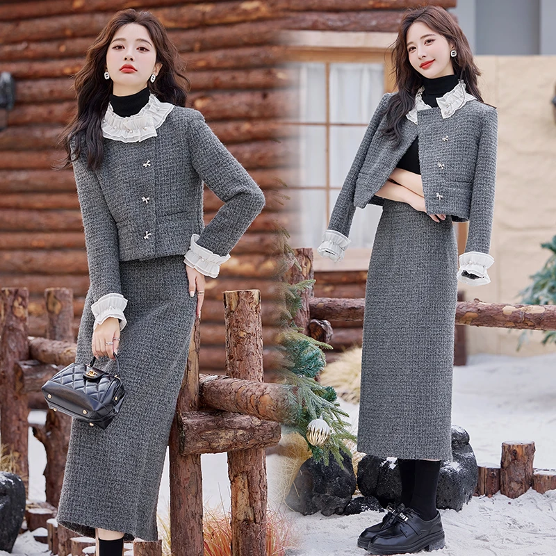 法式小香风毛呢套装裙2025秋季新款气质高级感花边领半身裙两件套