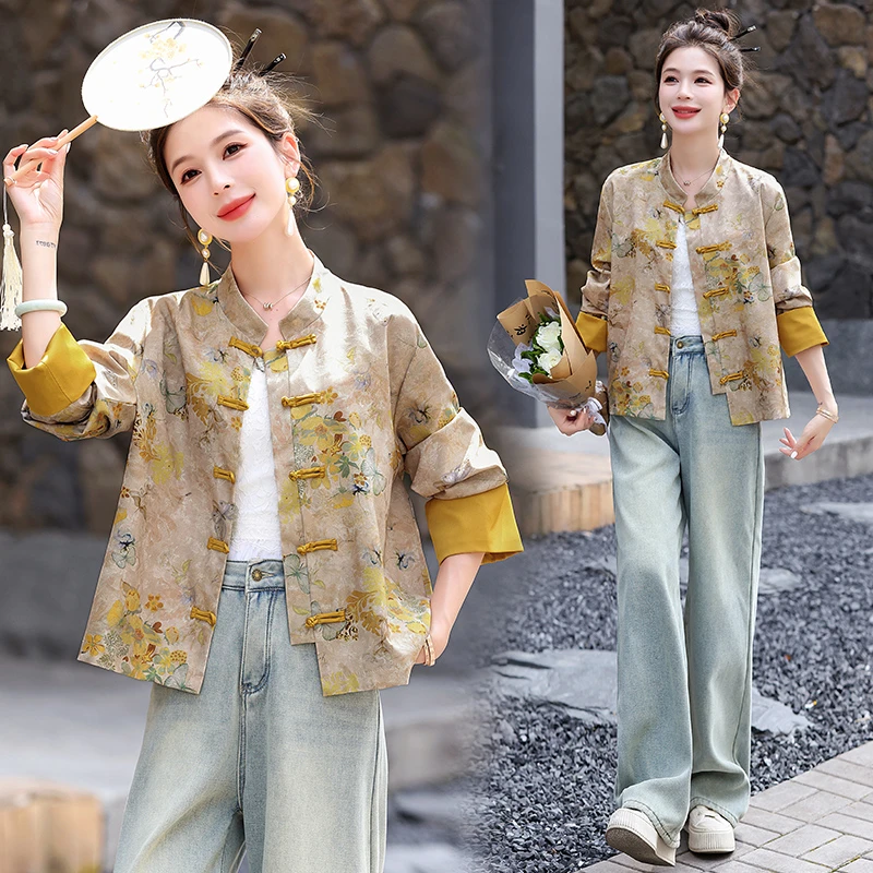 新中式国风改良旗袍外套女2025秋季新款复古提花气质盘扣立领上衣