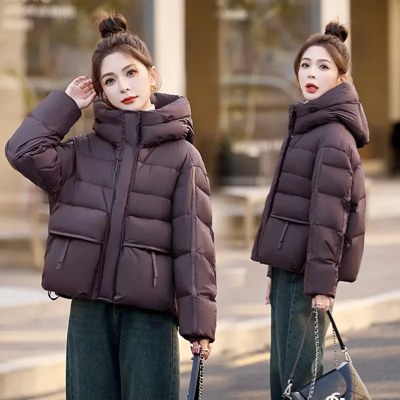时尚宽松连帽羽绒服女2024年冬季新款韩版加厚保暖白鸭绒短款外套