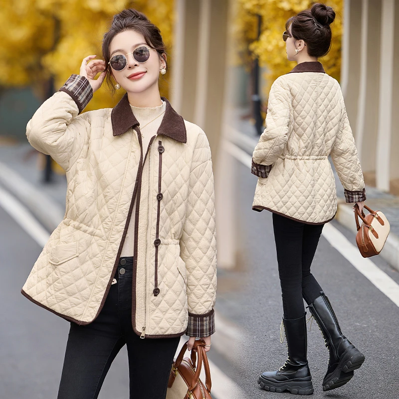 韩系菱格轻薄棉衣外套女2024秋冬新款小香风格子拼接休闲短款棉服