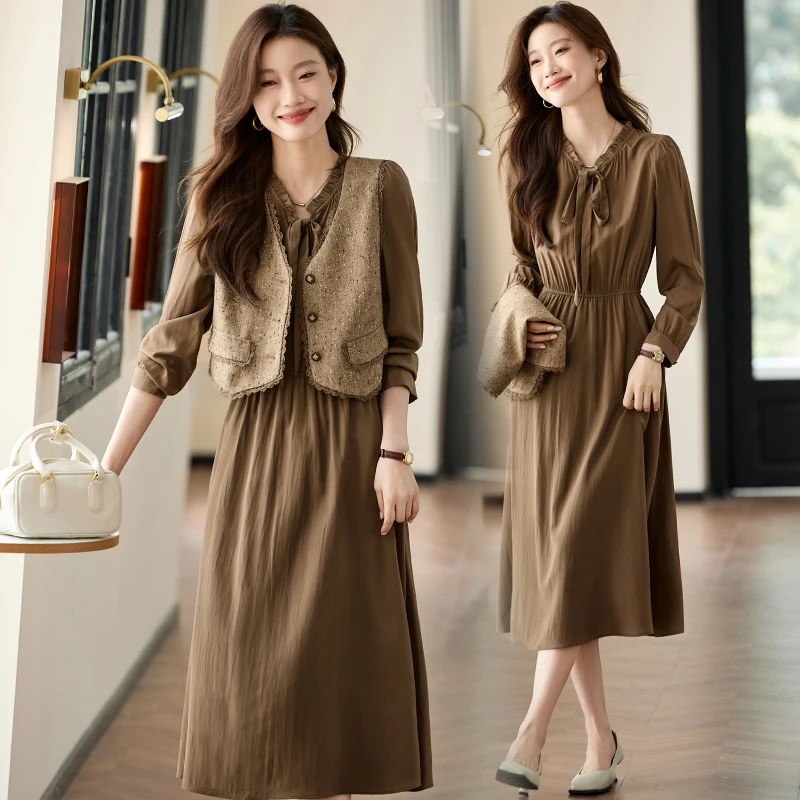 复古咖色马甲衬衫套装裙女2025年秋季新款小香风中长款裙子两件套