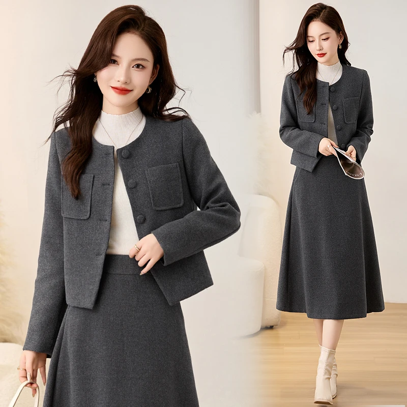 小香风短款西装套装裙女2025秋冬新款气质休闲西服半身裙两件套