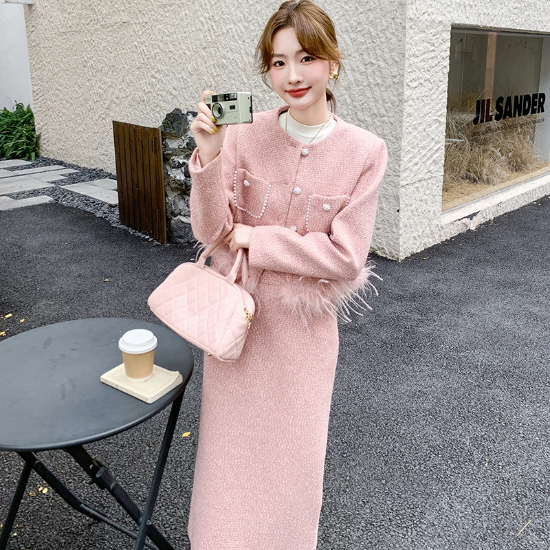 法式小香风毛呢套装裙女2024秋冬新款名媛气质高级感半身裙两件套