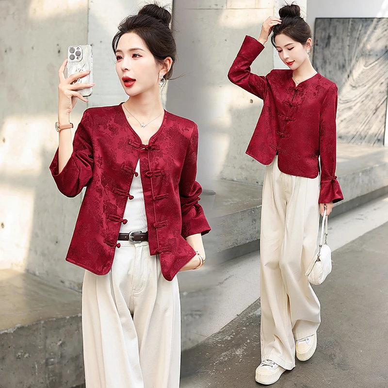 红色新中式国风外套2025秋装新款复古高端优雅提花高级感盘扣上衣