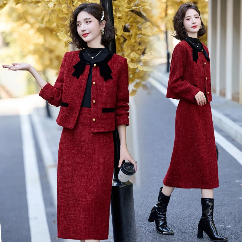 红色小香风气质套装裙女2024秋冬新款高级感名媛蝴蝶结裙子两件套