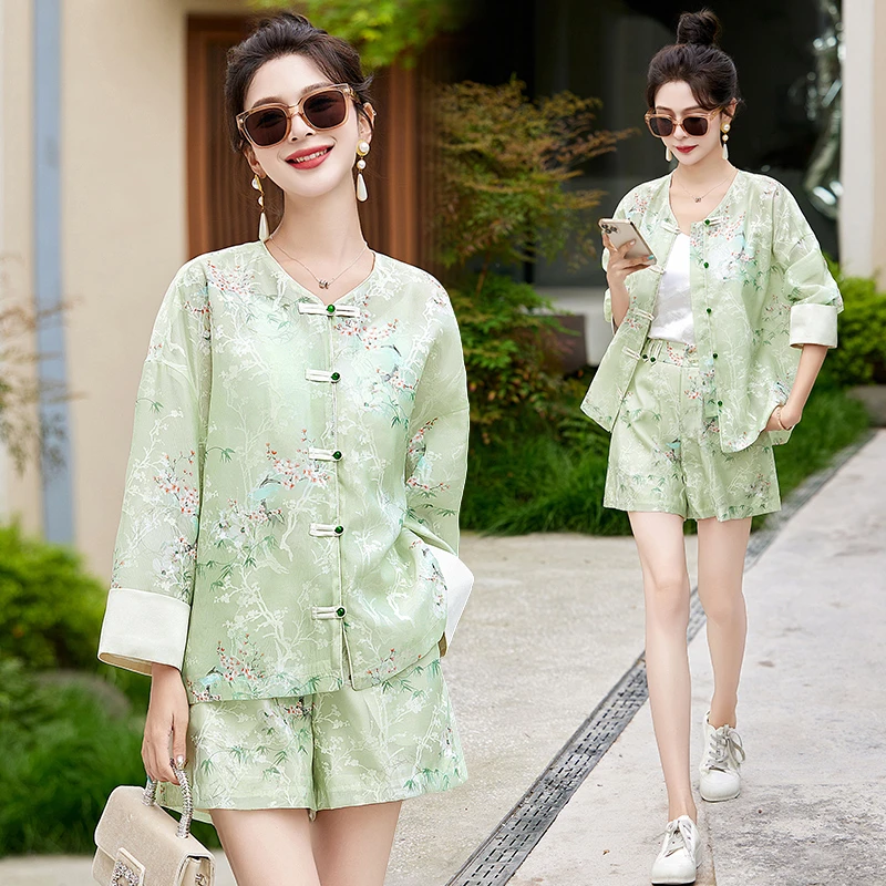 新中式印花短裤套装女2024夏季新款盘扣小个子碎花减龄时尚两件套